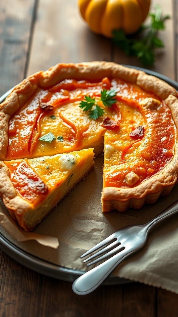 A slice of pumpkin quiche with a golden crust and creamy filling, garnished with parsley, on a wooden table.